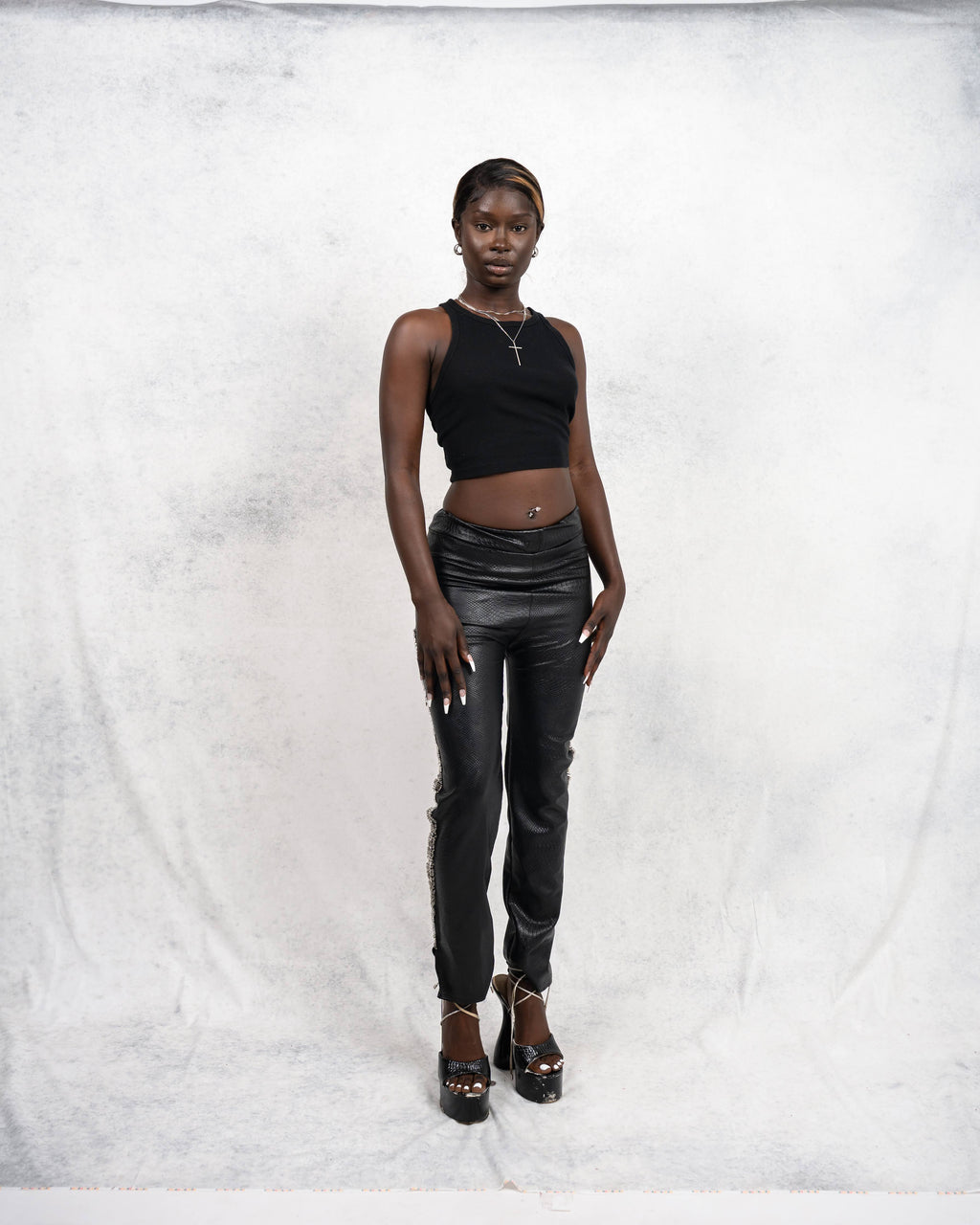 Croc-Effect Leather Pants with Safety Pin Detailing