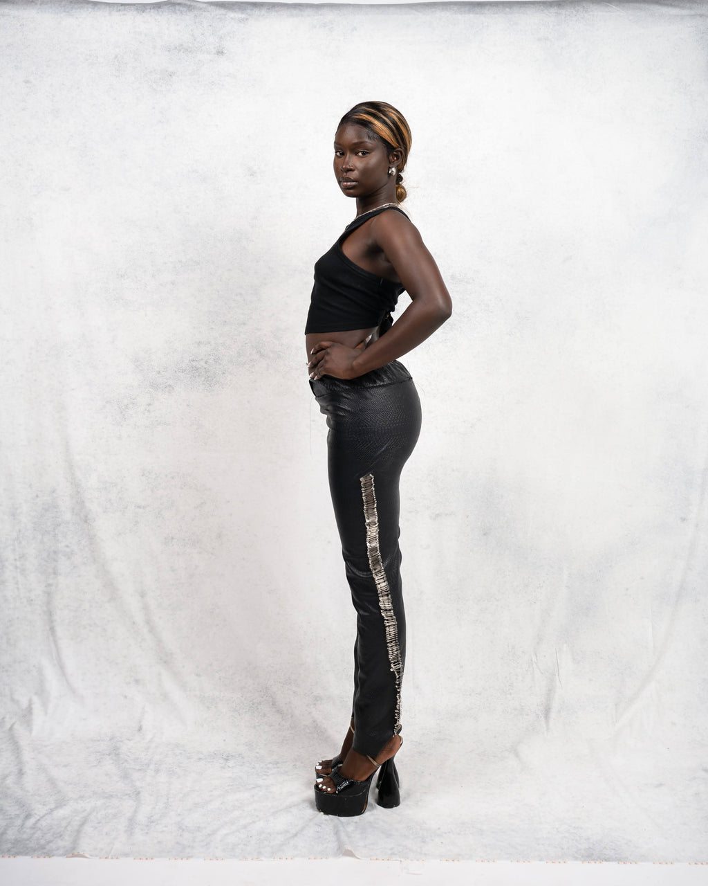 Croc-Effect Leather Pants with Safety Pin Detailing