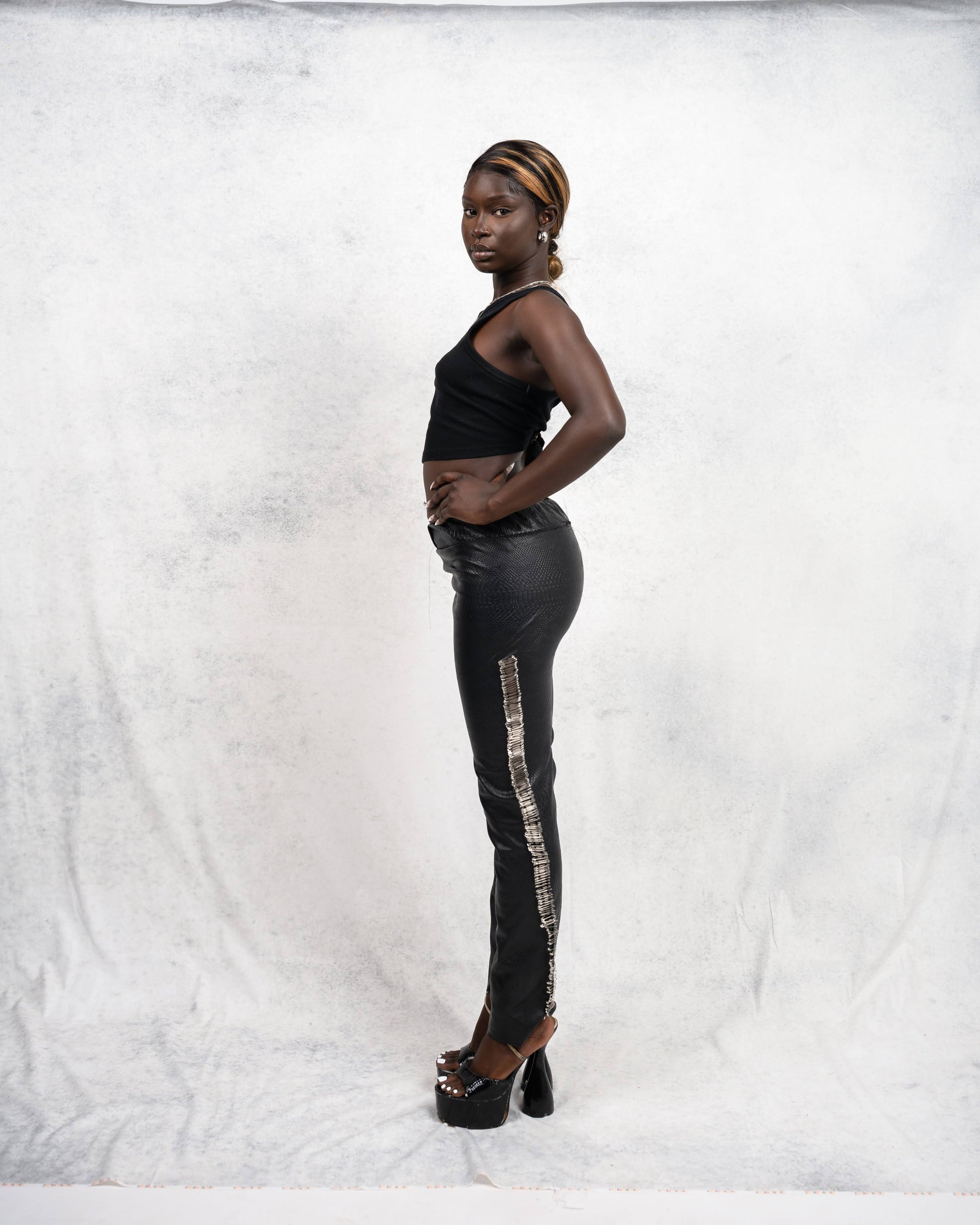 Croc-Effect Leather Pants with Safety Pin Detailing