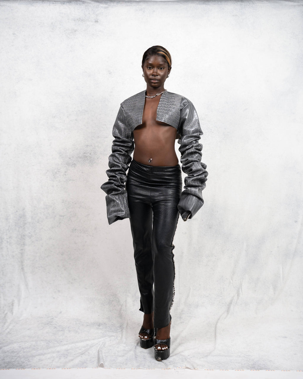 Grey Faux Croc Leather Stacked-Sleeve Jacket