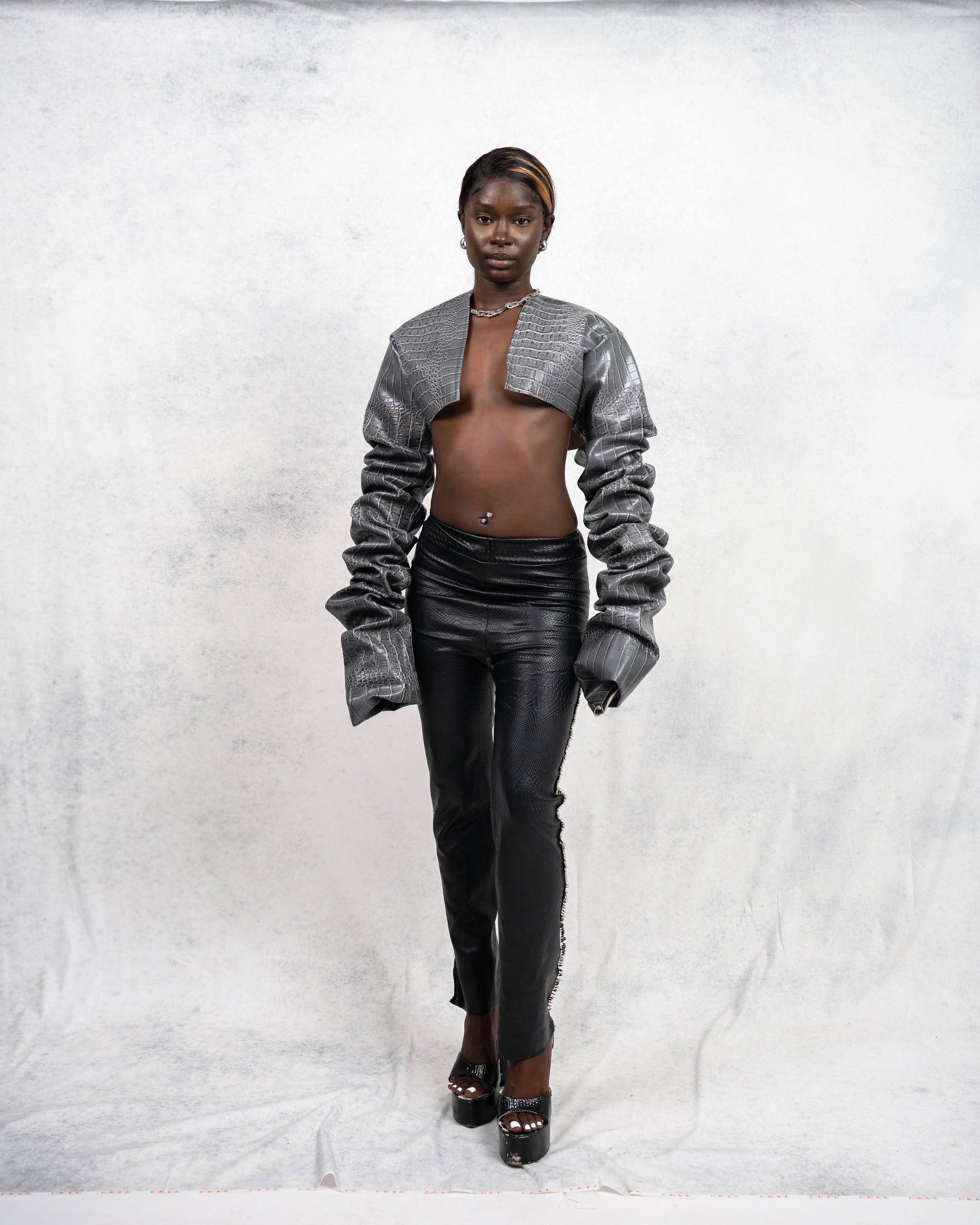 Grey Faux Croc Leather Stacked-Sleeve Jacket