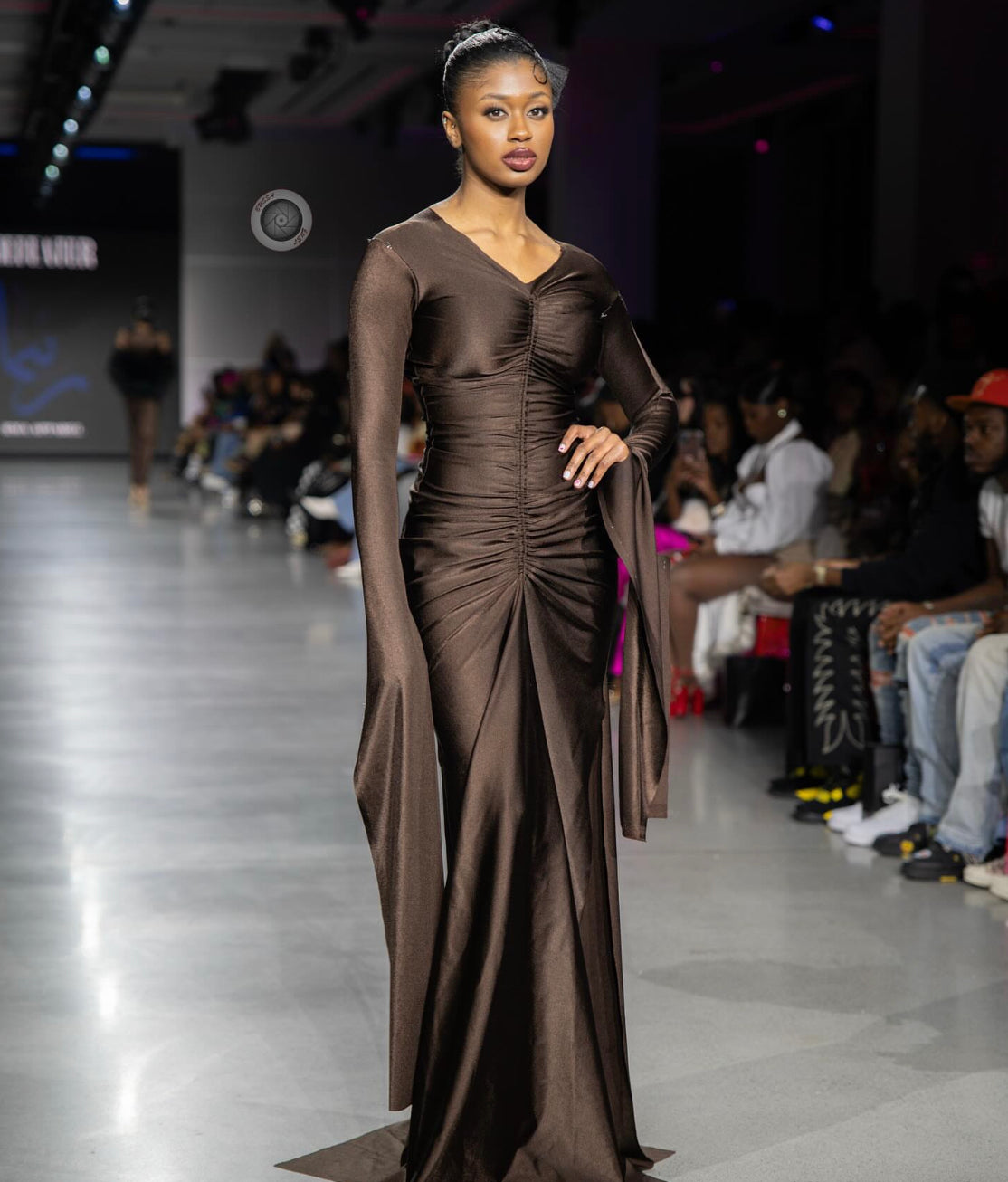 Ruched Long Sleeve V-Neck Dress